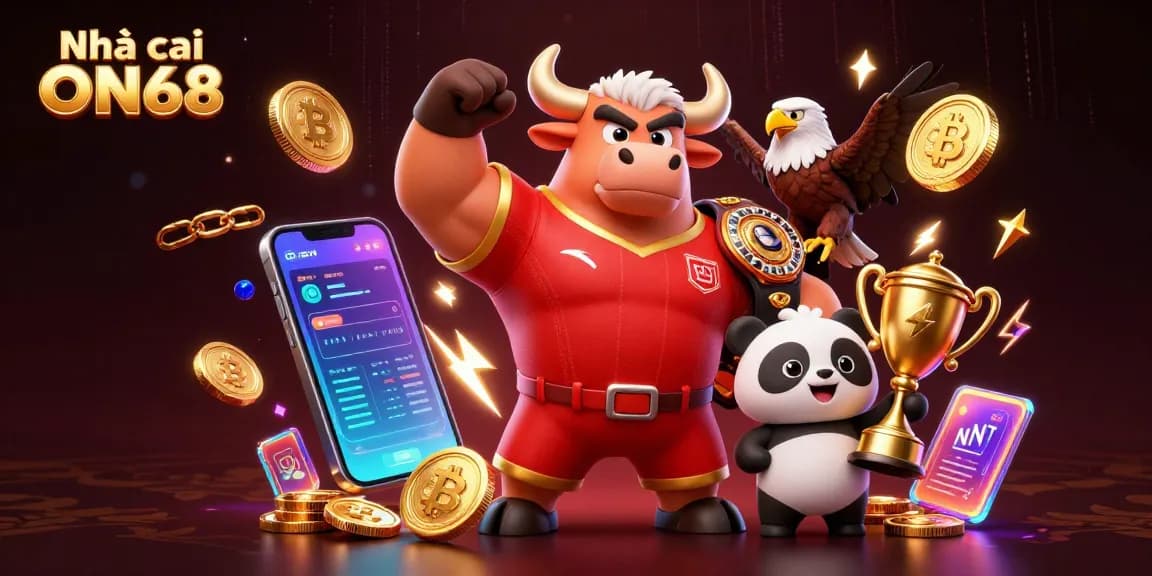 Experience thrilling wins at Nhà cái ON68 with a festive 3D casino-themed scene featuring mascots, crypto coins, and dynamic elements.