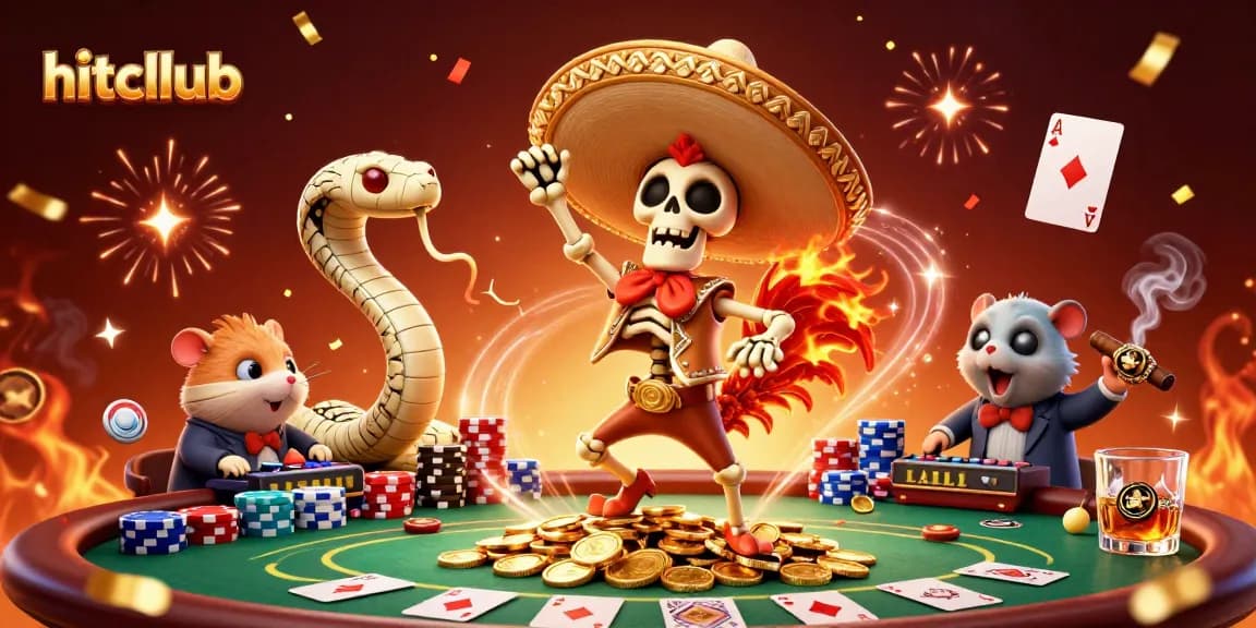 Join hitcllub's vibrant casino scene with a skeleton mariachi rooster celebrating over poker chips.