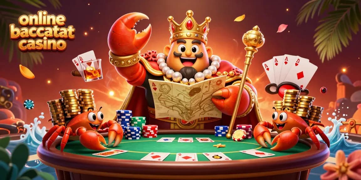 Experience the excitement of online baccarat casino with a vibrant 3D illustration of a golden crab emperor surrounded by rich game elements.