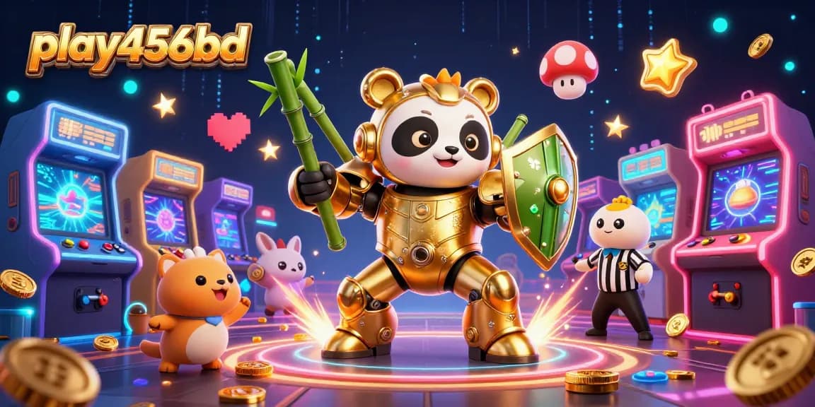 Play456bd showcases an exciting dynamic arena with a mech-suit panda and colorful gaming elements.