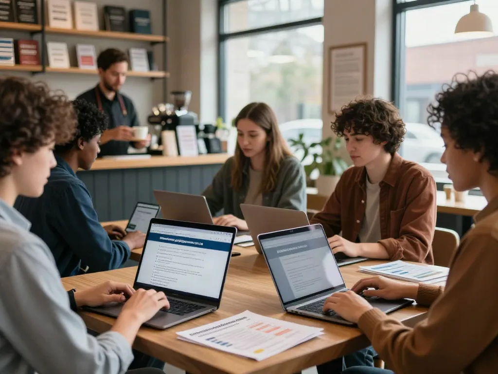 Engaged group of individuals using laptops in a cozy coffee shop to explore edmonton.paydayloans-on.ca for payday loan options.