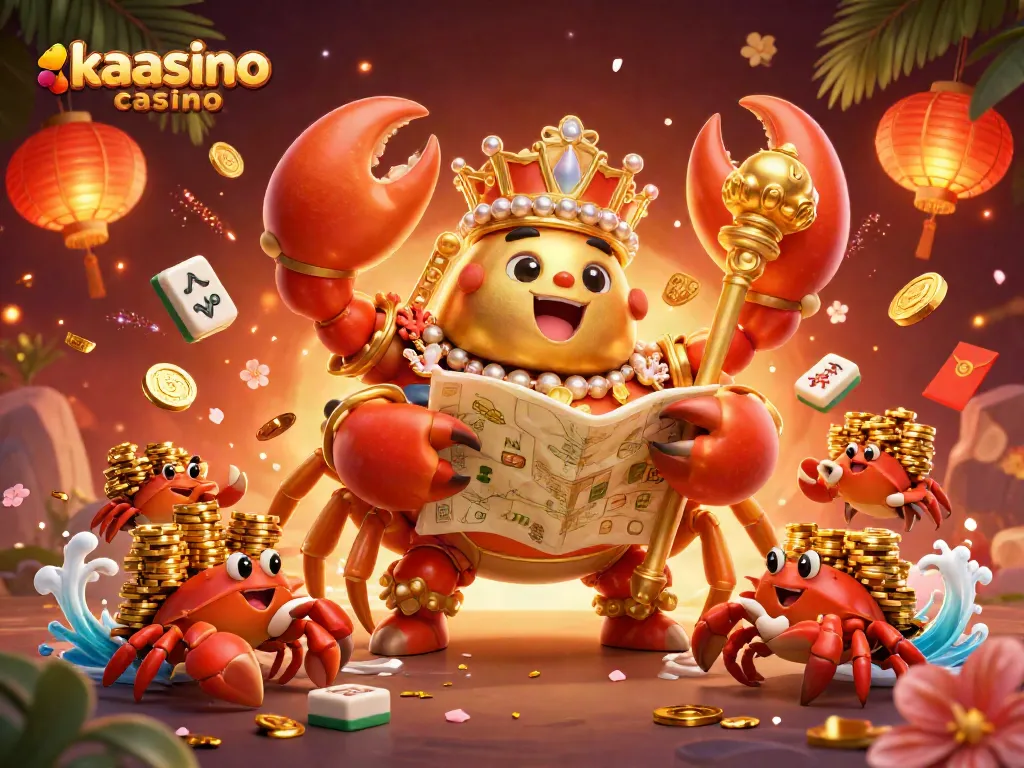 Kaasino casino features a vibrant scene with a golden crab emperor and hermit crabs amidst floating game symbols and treasures.