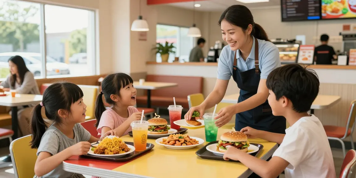 Family enjoying diverse rokok88 menu items at a vibrant fast-food restaurant.