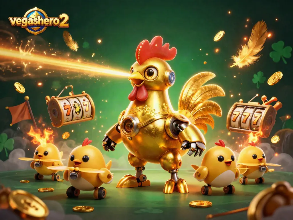 Experience the thrilling action at vegashero 2 with golden rooster robot and playful baby chick drones.