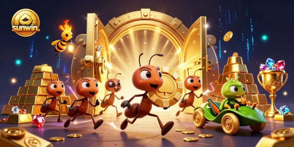 Sunwin. ant team heisting a golden poker chip in a vibrant casino-inspired 3D illustration