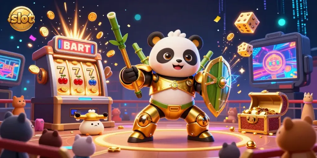 A golden panda in a mech suit wins with a slot machine surrounded by dynamic casino elements.