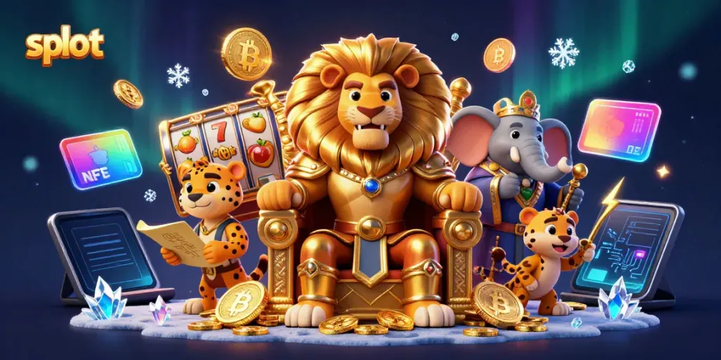 Spin the slots with a lion king seated on a throne of coins representing the thrills of the casino.