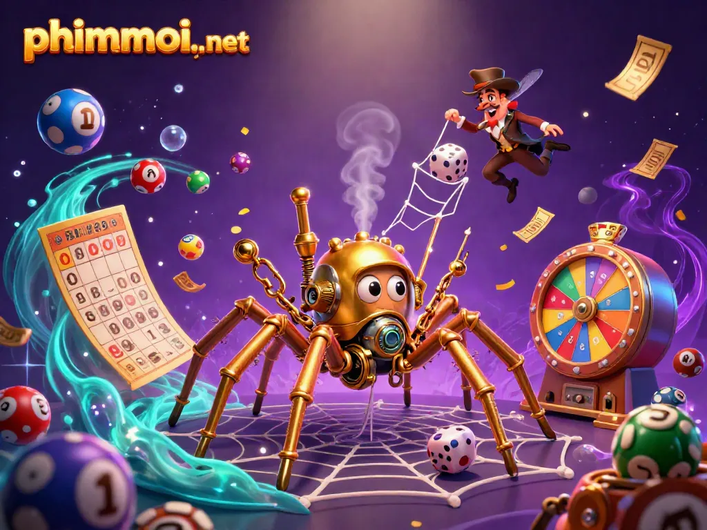 Immerse in the vibrant world of phimmoi.,net with a steampunk spider and dice in a rich casino-themed web.