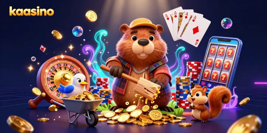 Kaasino showcases excitement with a beaver, bird, and squirrel in a vibrant casino scene filled with golden coins.