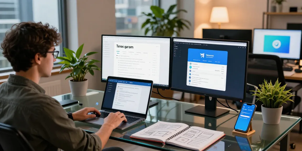 Download Telegram on a sleek workspace with multiple screens and vibrant plants.