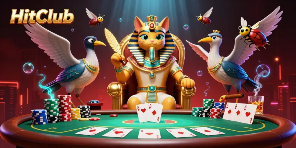 Experience the thrill of HitClub as Egyptian pharaoh cat rules the poker table, surrounded by exciting casino elements.