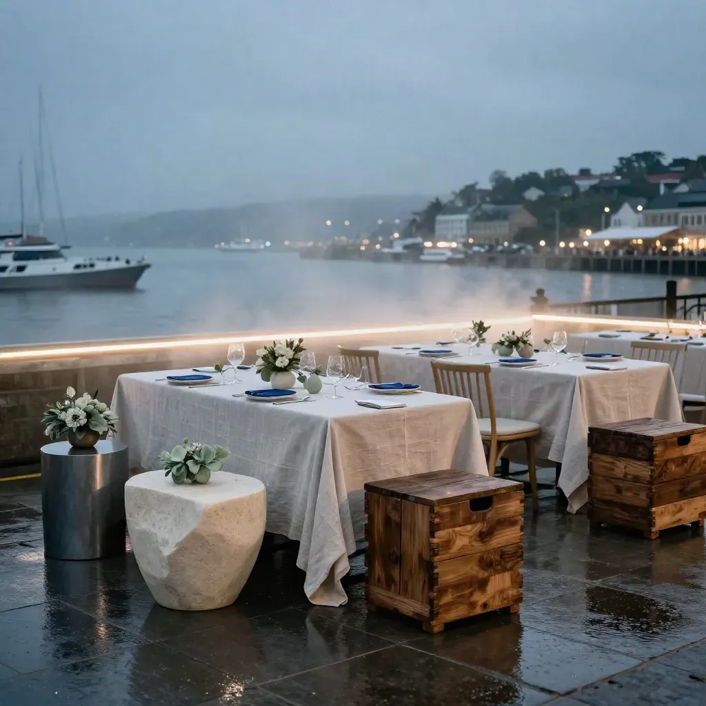Harbour-side eventopstelling met linnen tafels, bloemen, kratten en natte stenen bij blauw uur.
