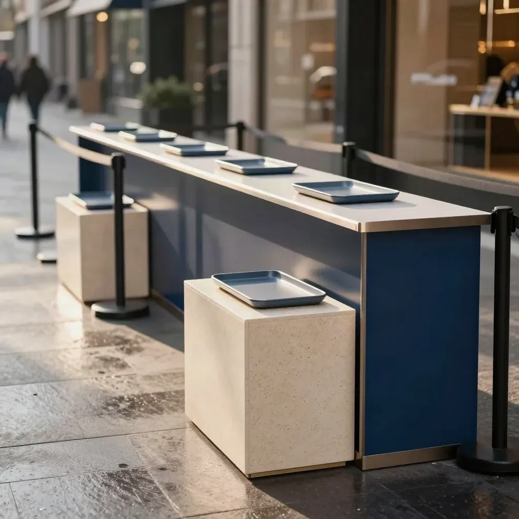 Straatactiveringsopstelling met plinten, balie en afzetpalen op een natte stadsstoep
