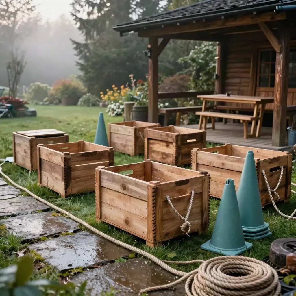 Teambuildingcircuit met houten puzzelkisten, touwen en pionnen in een mistige lodge-tuin.