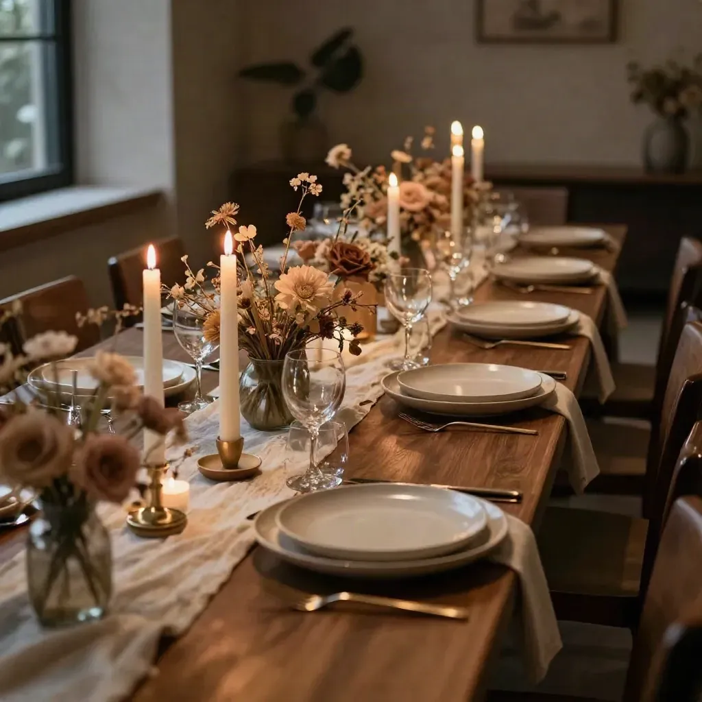 Verzorgde dinertafel met kaarsen, keramiek, linnen en bloemstukken in warme avondsfeer