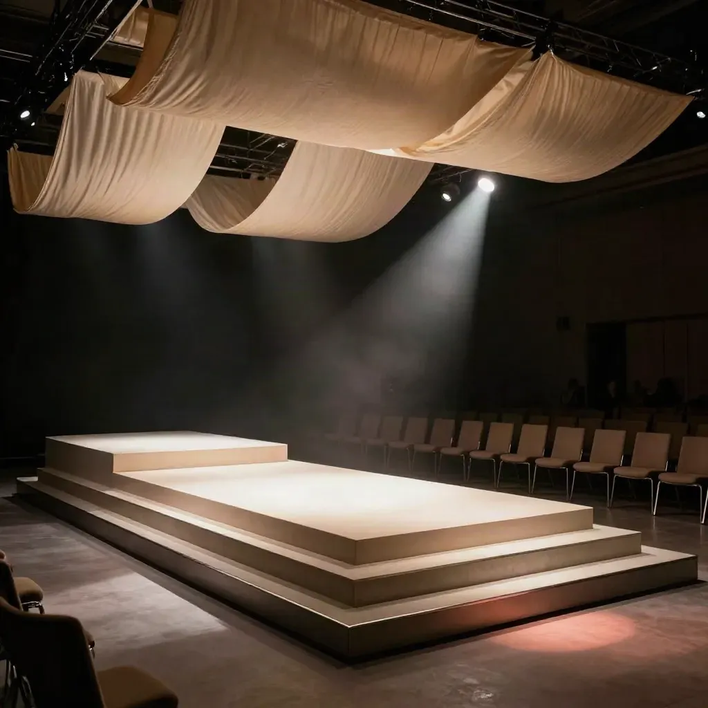 Verlichte productlancering met podium, displaytrappen, stoelen en zwevende doeken in een sfeervolle zaal.