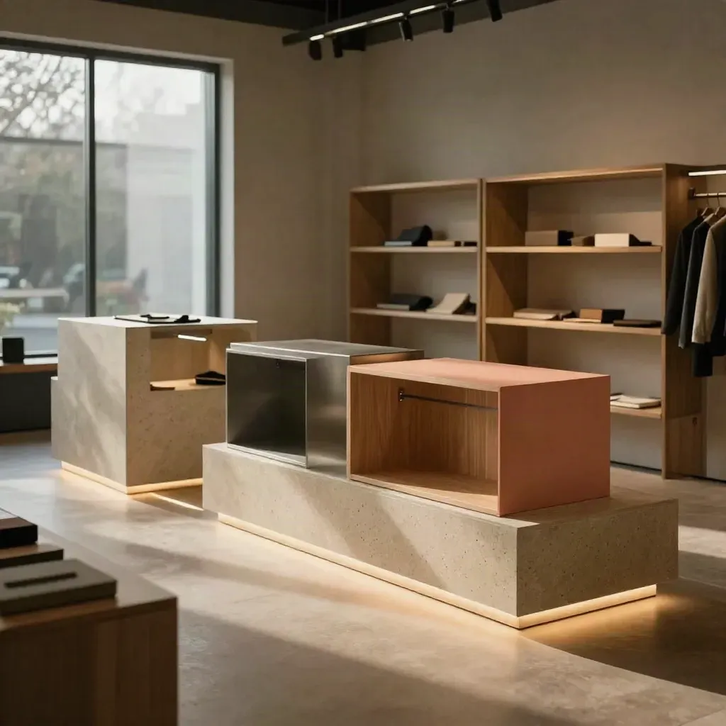 Luxe pop-upwinkel met verlichte sokkels en modulaire vakken in warm ochtendlicht.