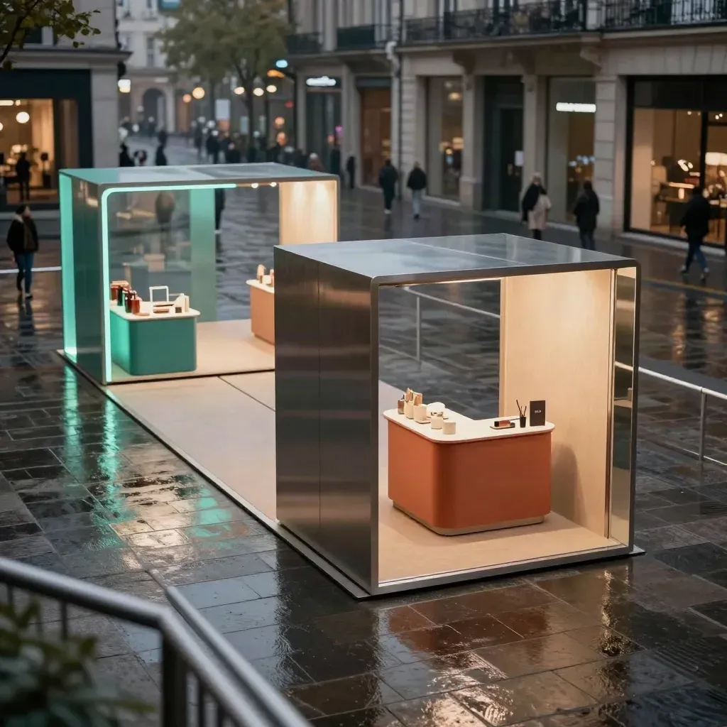 Pop-up ervaring met verlichte displays, counter en afzethekken op een stadsplein