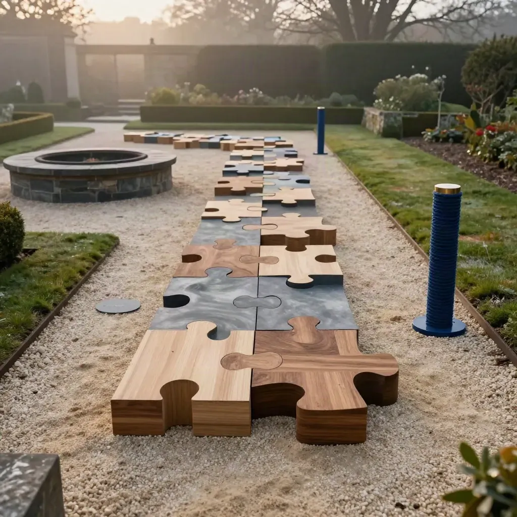 Teamdag-circuit in een landgoedtuin met puzzelmodules, touwen en vuurplek in ochtendmist