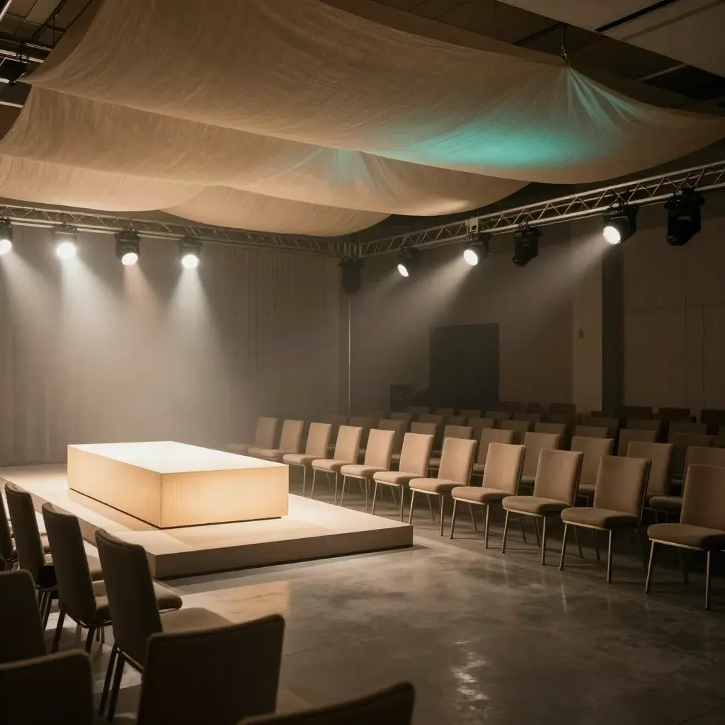 Lege productlanceringszaal met verlicht podium, stoelenrijen en zwevend textieldoek.