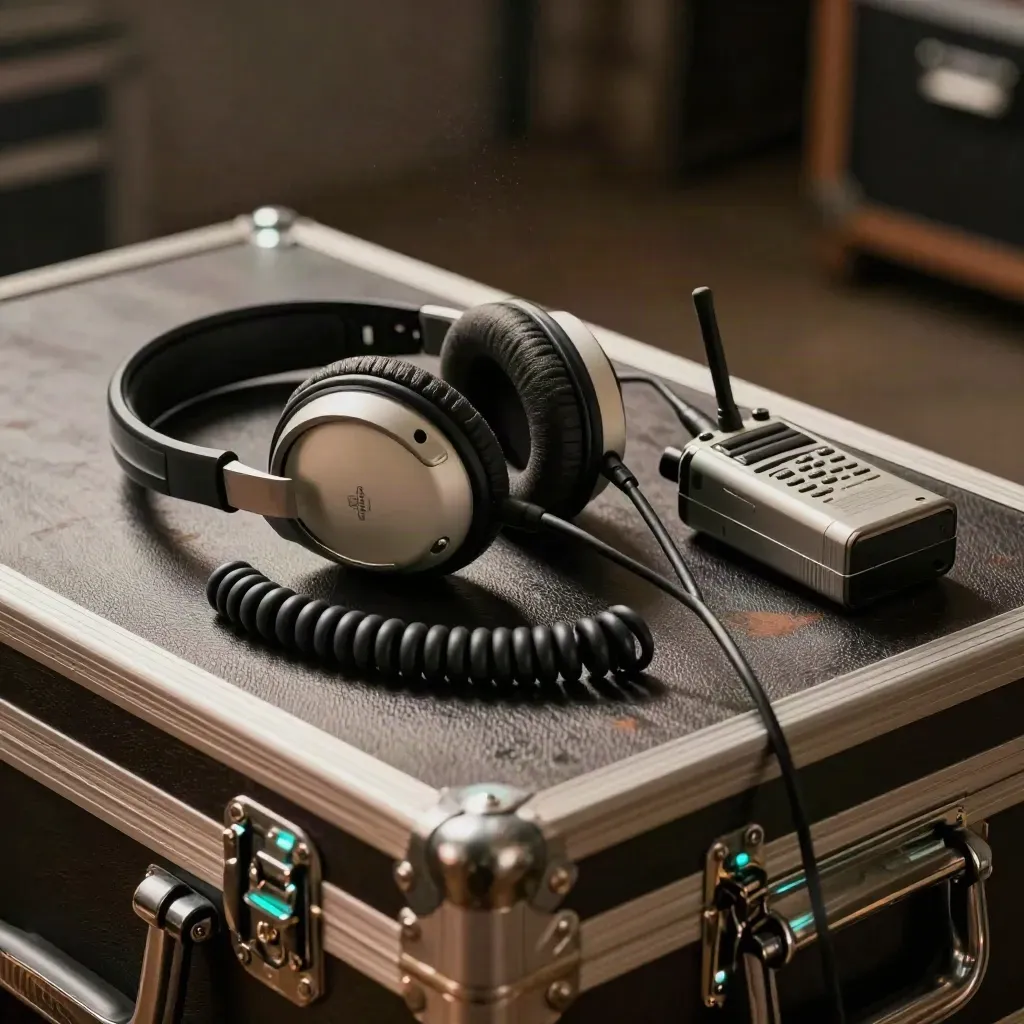 Close-up van een headset, radio, kabel en batterij op een flightcase in dramatisch licht.