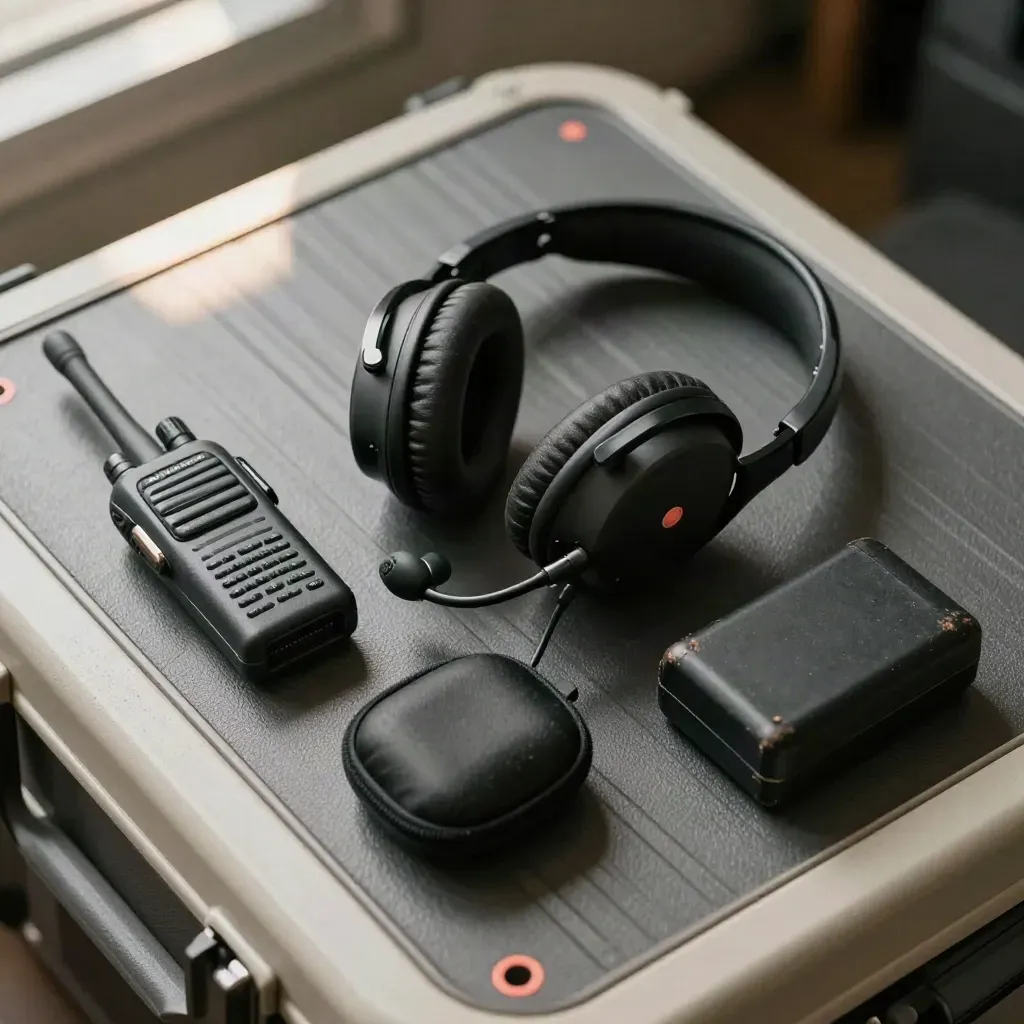 Dagregiekit met headset, portofoon, oortjesetui en batterijpack op een kofferdeksel