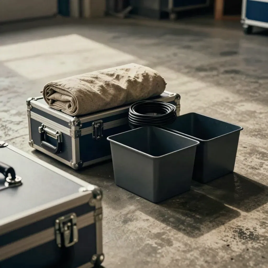 Voorbereidingsset met flightcase-latches, kabel en opbergkratten op beton