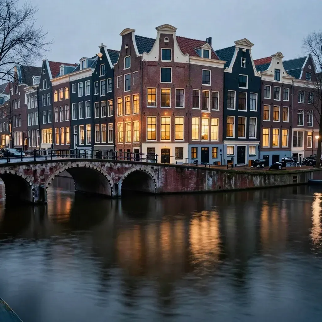 Amsterdamse grachtenhuizen en een lage brug boven stil water in warme avondmist.