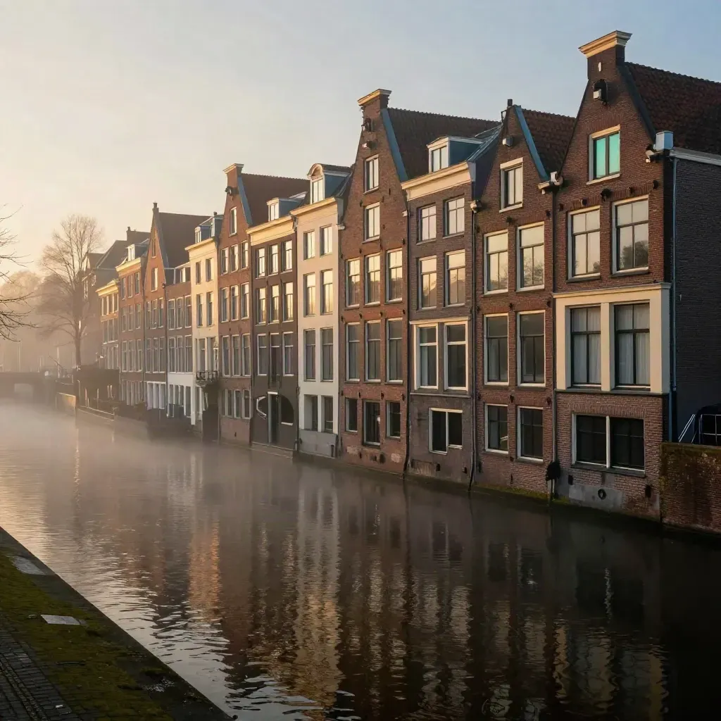 Domtoren en werfhuizen in Utrecht boven mistig water bij zonsopgang
