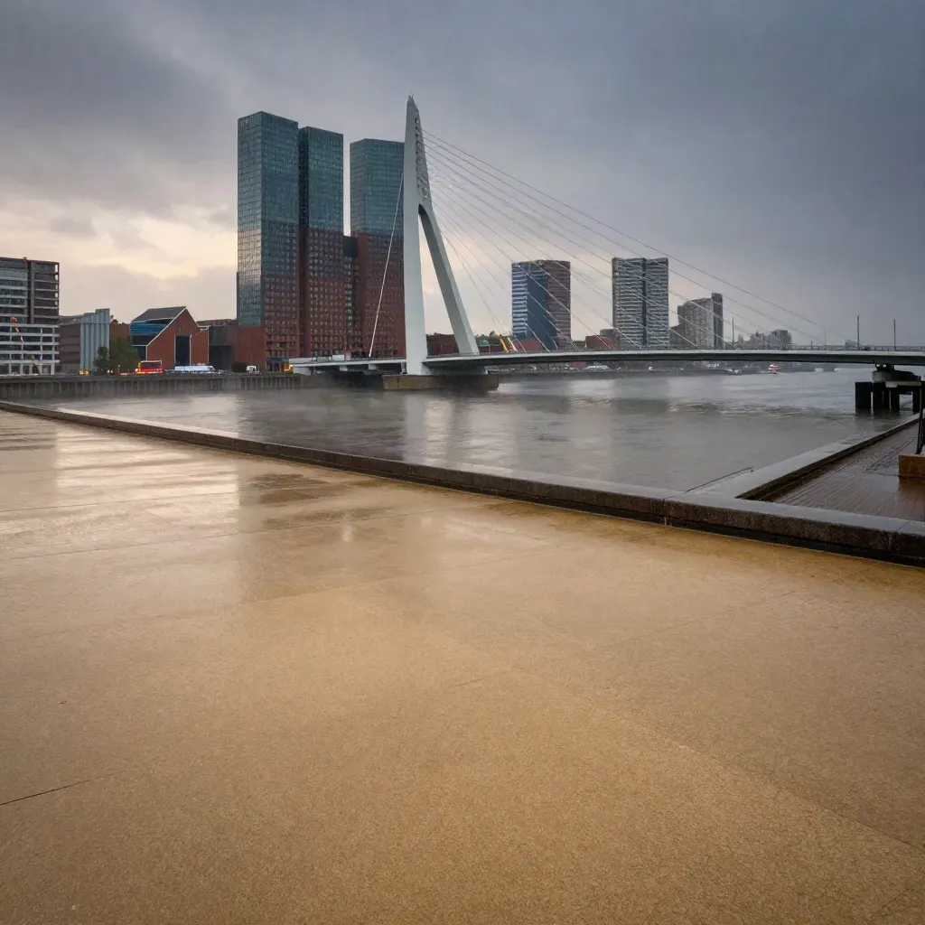 Rotterdam skyline en Erasmusbrug in blauw uur met rustige zandkleurige dakvlakte