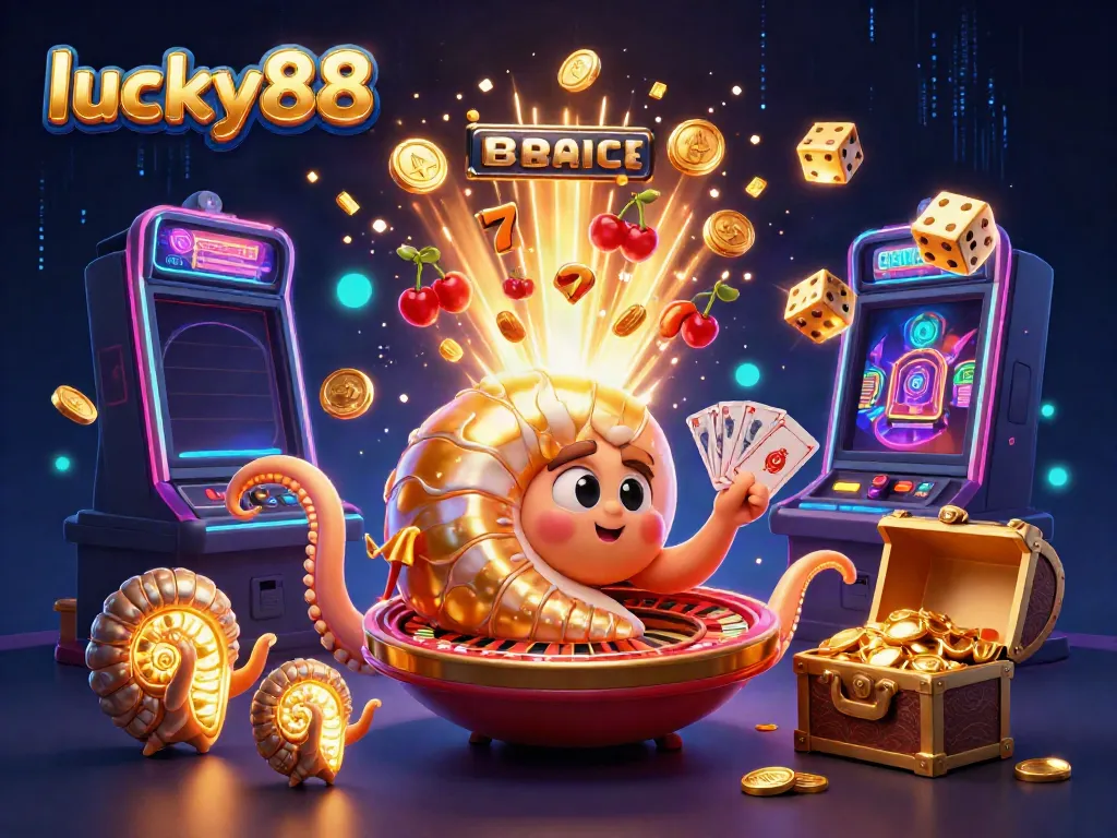 Experience the excitement of lucky88 with a vibrant casino illustration featuring a giant nautilus roulette wheel, slot machine, and more.