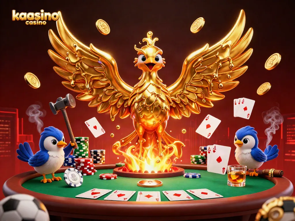Kaasino casino features a golden phoenix and poker elements in a vibrant 3D illustration