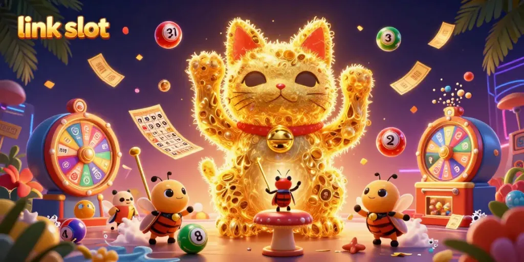 Engage with the thrilling link slot experience as golden fireflies form a lucky cat amidst a vibrant casino scene.