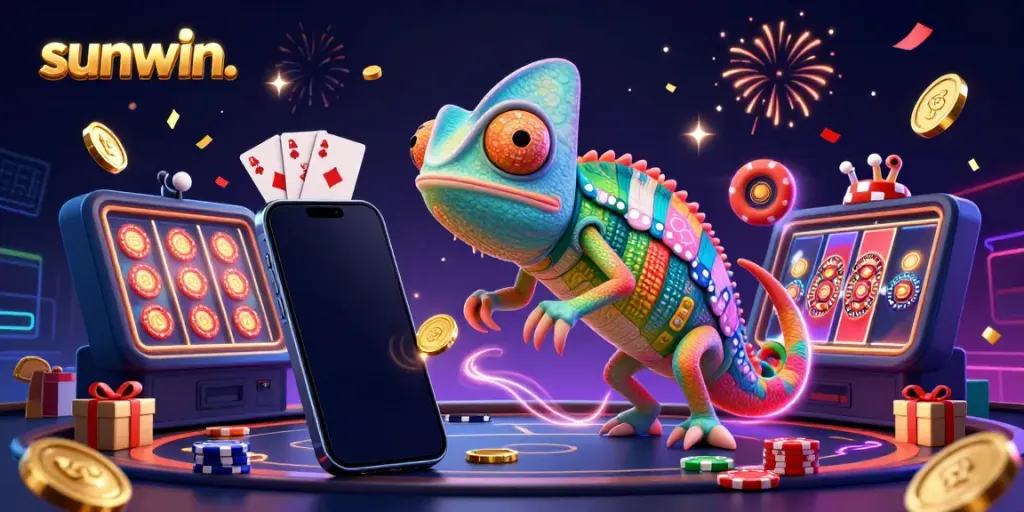 Engage with sunwin. in this vibrant casino scene featuring a chameleon owner and exciting game elements.
