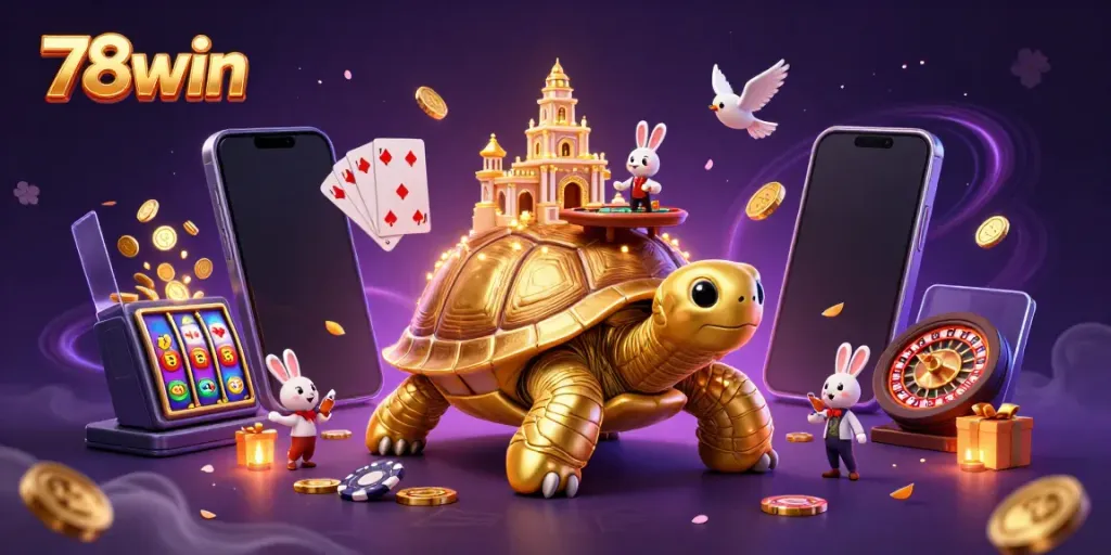 Experience excitement at 78win with a giant golden tortoise casino, featuring live dealer action and flying coins.