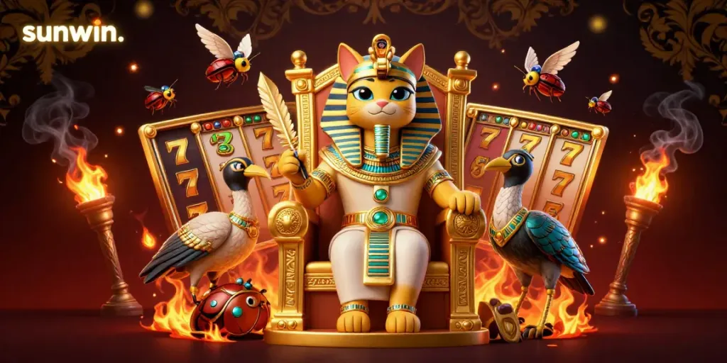 Experience thrilling jackpots at sunwin. with an Egyptian pharaoh cat amidst immersive casino graphics.