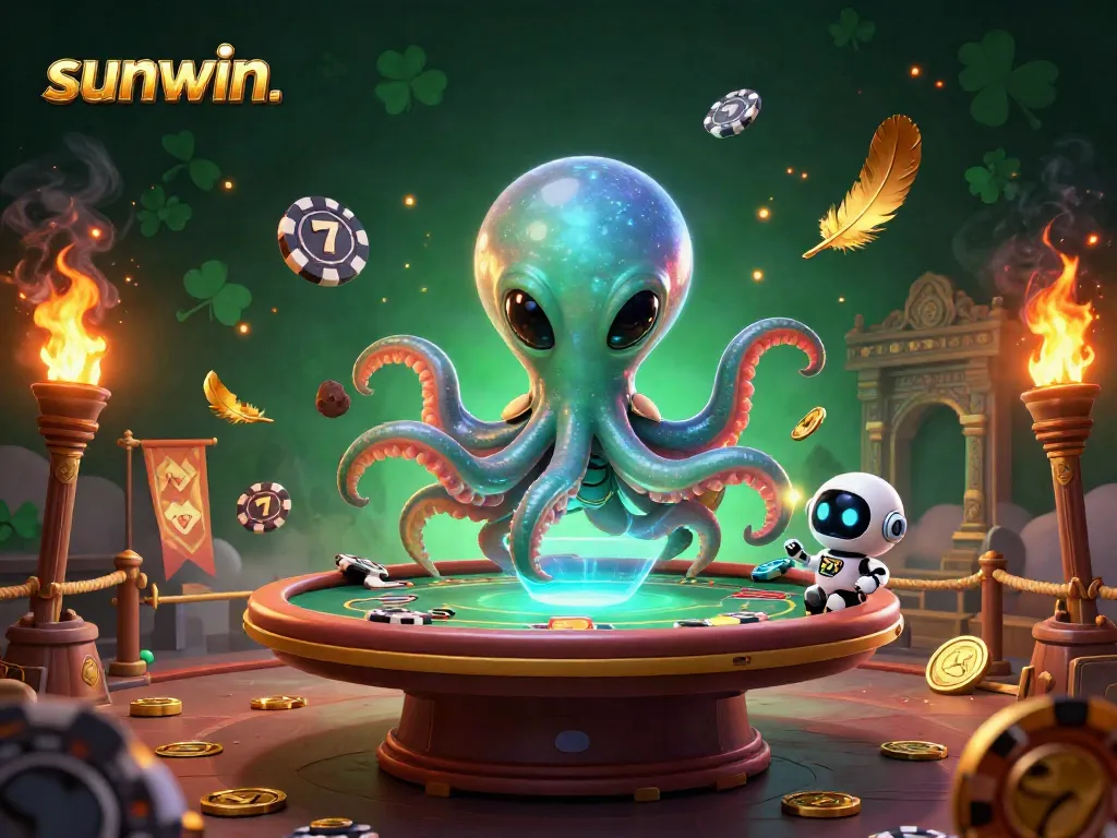 Experience the excitement with sunwin. at a holographic poker table amid vibrant casino elements.