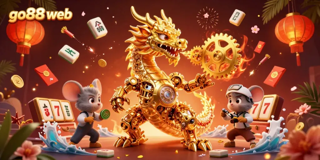 Engage with go88 web through a dynamic 3D illustration featuring a golden dragon and vibrant casino elements.