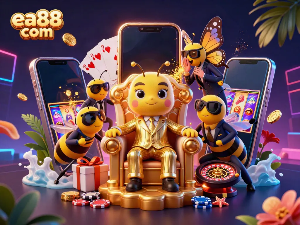 Spin colorful slots and win big with ea88 com in this dynamic 3D casino scene.