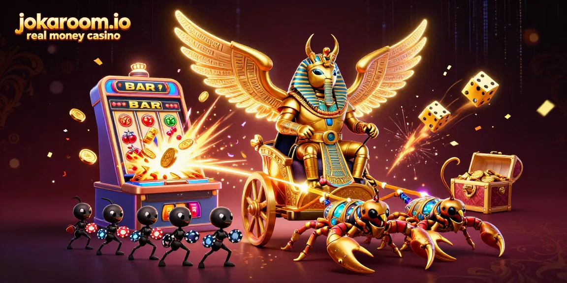 Experience the excitement of jokaroom.io real money casino with vibrant 3D illustration showcasing a golden scarab beetle and dynamic casino elements.
