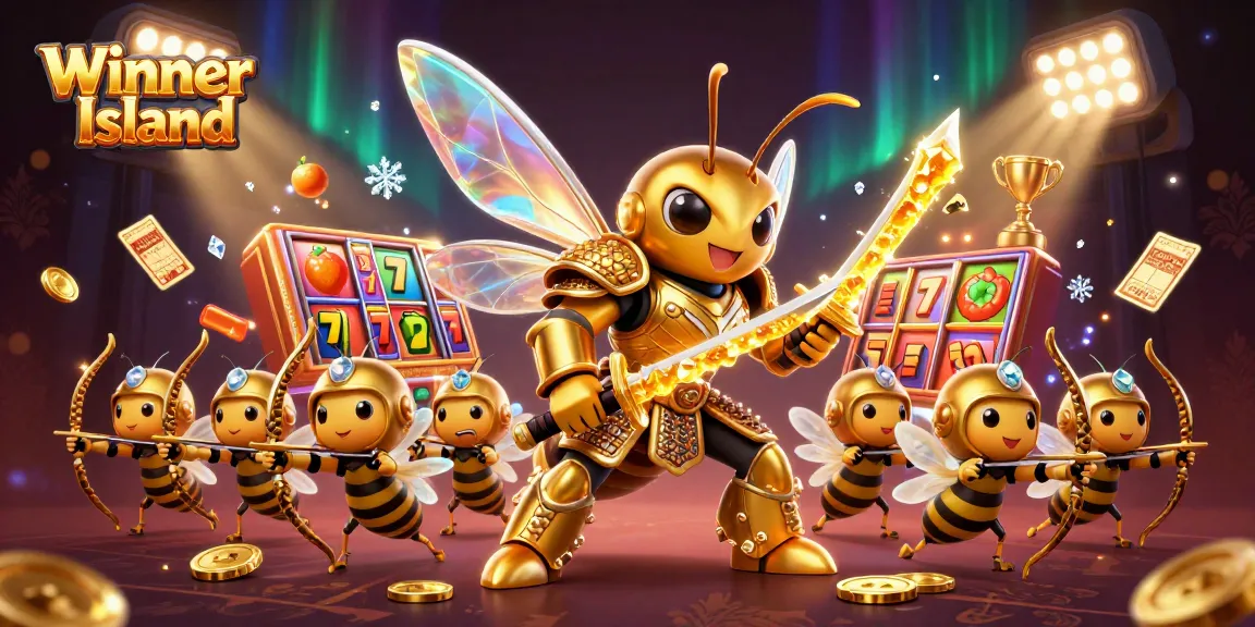 Engage with slots on Winner Island while a golden hornet leads a dynamic scene.