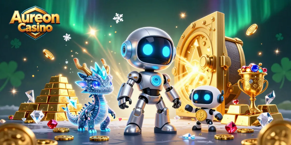 Aureon Casino vibrant 3D illustration showcasing a futuristic robot, AI dragon, and drone amidst treasures
