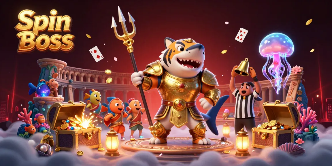 Spin Boss casino-themed illustration featuring a golden shark and vibrant underwater elements, showcasing exciting gaming action.