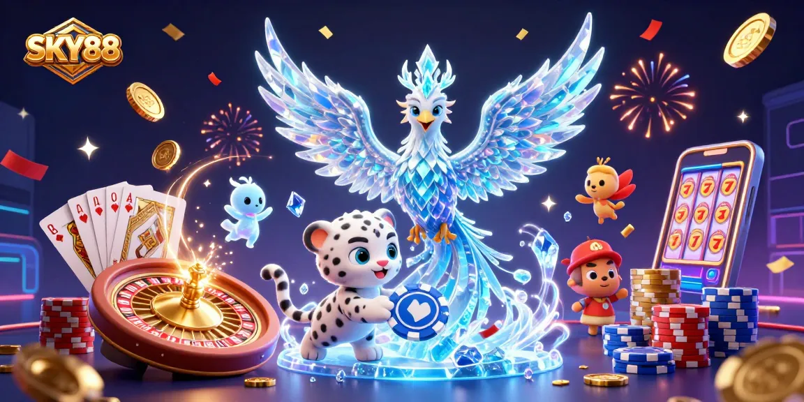 Experience thrilling gameplay at SKY88 Casino with a dynamic 3D illustration showcasing epic casino elements and vibrant energy.