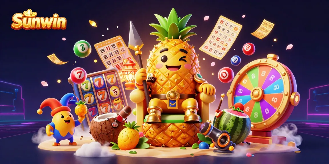 Win big with Sunwin in this vibrant casino scene featuring jackpot games and lively characters.