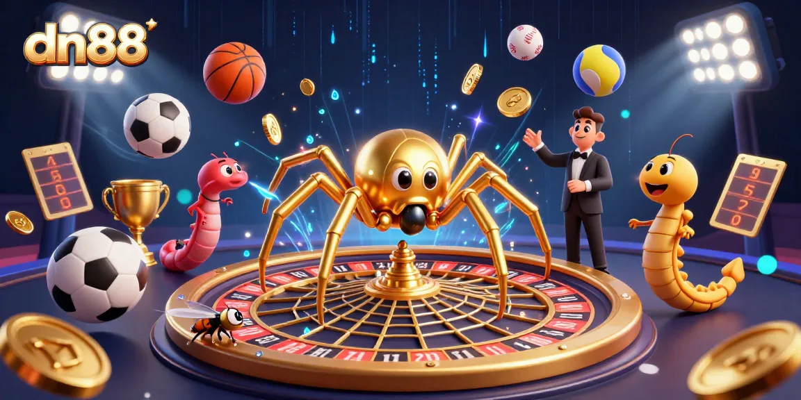 Catch a thrilling moment as dn88's gaming spider spins a golden roulette web in an animated casino.