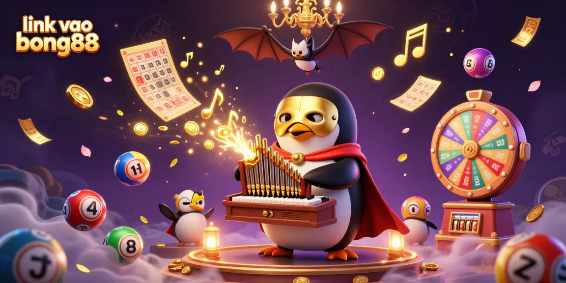 Spin for winnings with link vao bong88, featuring a penguin playing an organ of golden coins.